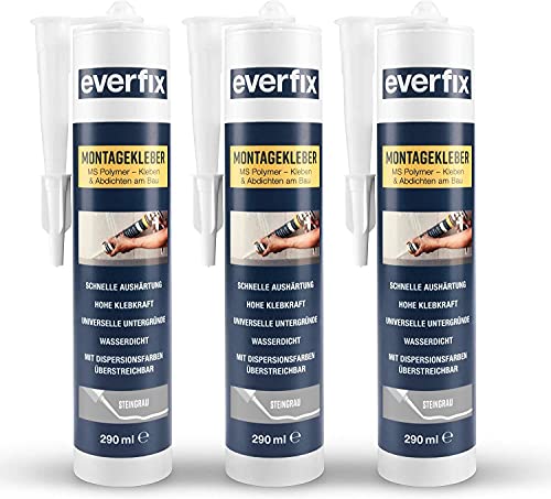 EVERFIX Montagekleber steingrau (3 Stück) für innen und außen, extra starker Kraftkleber für Metall, Holz, Fliesen, etc, Baukleber zum Kleben und Abdichten, 325 g / 290 ml von Everfix
