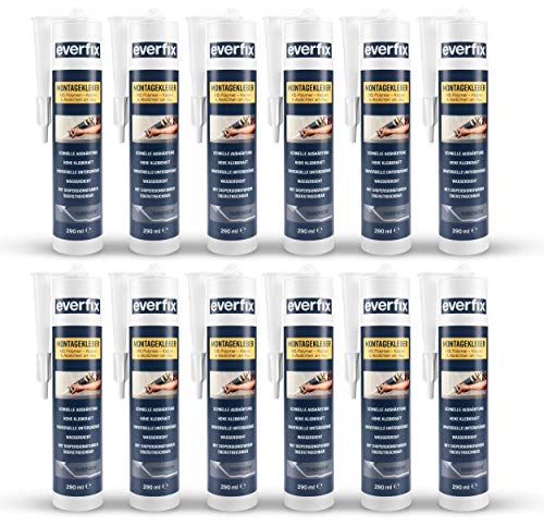 EVERFIX Montagekleber transparent (12 Stück) für innen und außen, extra starker Kraftkleber für Metall, Holz, Fliesen, etc., Baukleber zum Kleben und Abdichten, 325 g / 290 ml von Everfix