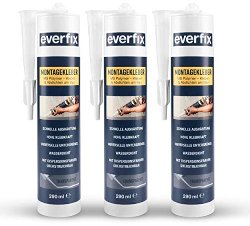 EVERFIX Montagekleber transparent (3 Stück) für innen und außen, extra starker Kraftkleber für Metall, Holz, Fliesen, etc., Baukleber zum Kleben und Abdichten, 325 g / 290 ml von Everfix
