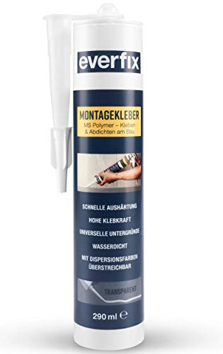 EVERFIX Montagekleber transparent (325 g / 290 ml Kartusche) für innen und außen, extra starker Kraftkleber für Metall, Holz, Fliesen, etc., Baukleber zum Kleben und Abdichten von Everfix