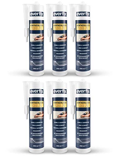 EVERFIX Montagekleber transparent (6 Stück) für innen und außen, extra starker Kraftkleber für Metall, Holz, Fliesen, etc., Baukleber zum Kleben und Abdichten, 325 g / 290 ml von Everfix