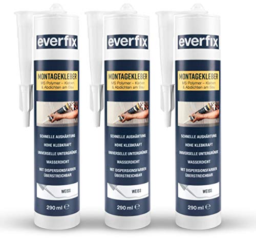 EVERFIX Montagekleber weiss (3 Stück) für innen und außen, extra starker Kraftkleber für Metall, Holz, Fliesen, etc., Baukleber zum Kleben und Abdichten, 325 g / 290 ml von Everfix
