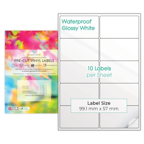 Evergreen Goods 10 Blatt A4 Vinyl (PVC) Mehrzweck-Etiketten Glänzend Weiß Vorgeschnittene Etiketten Selbstklebend | Wasserfeste Stickerpapier Für Tintenstrahl drucker | (2 X 5 (10 Pro Blatt) von EVG