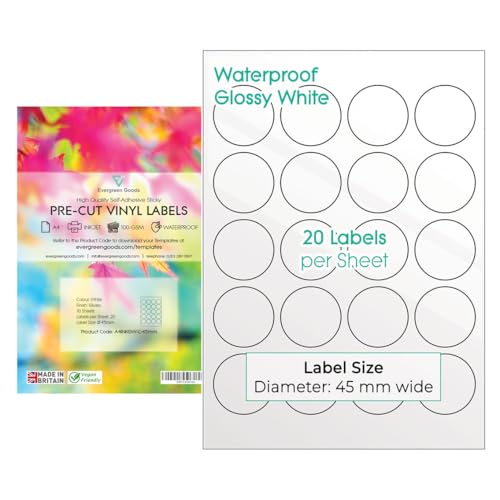 Evergreen Goods A4 Wasserfest Glänzend Weiß Rund Bedruckbares Vinyl Aufkleber Etiketten | Tintenstrahl bedruckbare kreisförmige klebeetiketten | 45 mm (20 Etiketten pro Blatt,200 insgesamt) 10 Blatt von Evergreen Goods Ltd