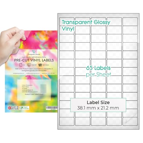 EVG 10 Blätter A4 transparente Vinyl-Etiketten, selbstklebend, bedruckbar, für Tintenstrahldrucker, 65 Etiketten pro Blatt von EVG