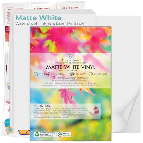 Evergreen Goods 100 Blatt A4 mattweißes, wasserfestes, selbstklebendes Vinyl-Aufkleberpapier, sehr robustes Druckpapier für Tintenstrahl- und Laserdrucker, Aufkleberbögen für Etiketten Aufkleberdruck von EVG