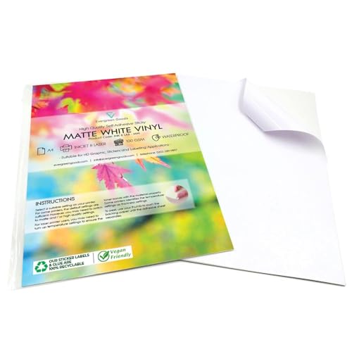 Evergreen Goods 30 Blatt A4 Mattes Weißes Vinyl Selbstklebendes Papier | Wasserdichtes Pvc stickerpapier Für Tintenstrahl & Laserdrucker | Kompatibel Mit Schneidemaschinen (Cricut & Silhouette) von Evergreen Goods Ltd