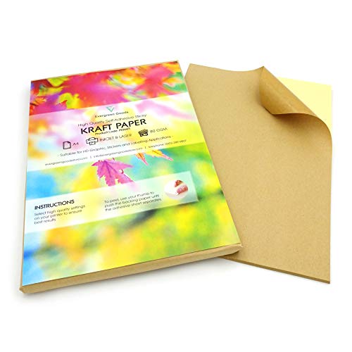 Evergreen Goods 100 Blatt A4 selbstklebendes bedruckbares Kraftpapier - mattes Aufkleberpapier geeignet für Tintenstrahl- und Laserdrucker - selbstklebendes Papier für Dekoration und Produktetiketten von EVG