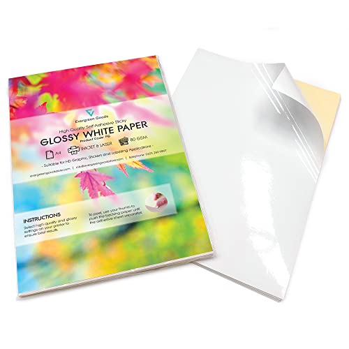 Evergreen Goods 30-Blätter A4 glänzend weißes selbstklebendes papier | stickerpapier für Tintenstrahl- und Laserdrucker | Starke Rückseitenblätter Geeignet für DIY-Aufkleber, Kunst & Kunsthandwerk von EVG