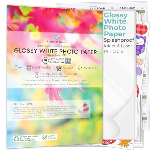 Evergreen Goods A4 Glänzendes Selbstklebendes Fotopapier 10 Blatt, 200gsm, Wasserabweisend, Starke Klebkraft Kompatibel mit Inkjet & Laserdrucker Ideal für Etiketten, Sticker & Bastelprojekte von EVG