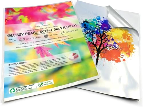 Evergreen Goods 10 Blatt A4 Glänzend Silber Bedruckbar Aufkleber Vinyl | Wasserdicht Inkjet & Laserdruck | Selbstklebend Kleberückseite Etikett Evergreen Goods 10 Blatt A4 Glänzend Silber Bedruckbar Aufkleber Vinyl | Wasserdicht Inkjet & Laserdruck | Selbstklebend Kleberückseite Etikett von EVG