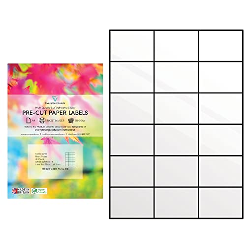 Evergreen Goods A4 Vorgeschnittenes Hochglanz-weißes selbstklebendes Papier, für Tintenstrahl & Laserdrucker, starke selbstklebende Rückseite 3 x 6, 18 pro A4: insgesamt 540 Etiketten, 30 Blatt Evergreen Goods A4 Vorgeschnittenes Hochglanz-weißes selbstklebendes Papier, für Tintenstrahl & Laserdrucker, starke selbstklebende Rückseite 3 x 6, 18 pro A4: insgesamt 540 Etiketten, 30 Blatt von EVG