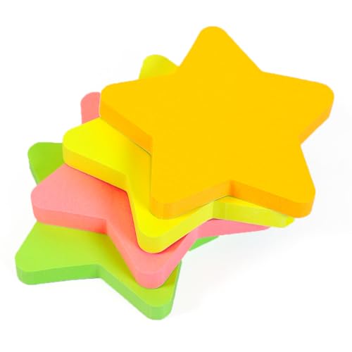 Evergreen Goods Haftnotizen in Sternform, 76 mm x 76 mm, Neonfarben (Gelb, Grün, Rosa, Orange), 100 Blatt pro Block, selbstklebende Haftnotizen für Büro, Zuhause, Schule, 4 Stück von EVG