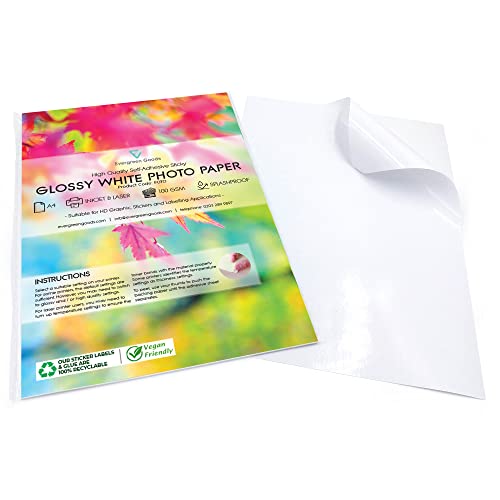 Evergreen Goods Ltd 50 Blatt A4 weißes, selbstklebendes Premium-Glanzpapier für Foto- und Bilddrucke | hochauflösende Stickerblätter | spritzwassergeschütztes A4-Papier für Inkjet- und Laserdrucker von Evergreen Goods Ltd