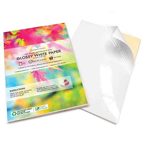 Evergreen Goods Ltd 100 Blatt A4 glänzend weißes selbstklebendes Druckerpapier, bedruckbare Aufkleberblätter für Tintenstrahl- und Laserdrucker, selbstklebendes Druckerpapier für Heim und Büro von Evergreen Goods Ltd