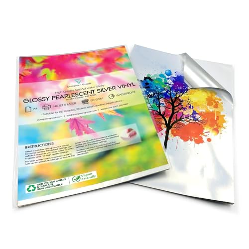 Evergreen Goods 20 Blatt A4 Wasserdichtes Glänzendes Silber Vinyl Fotopapier | Selbstklebende Etiketten Inkjet Und Laser Bedruckbares Aufkleberpapier | Metallisch Perlglänzendes Druckpapier von Evergreen Goods Ltd