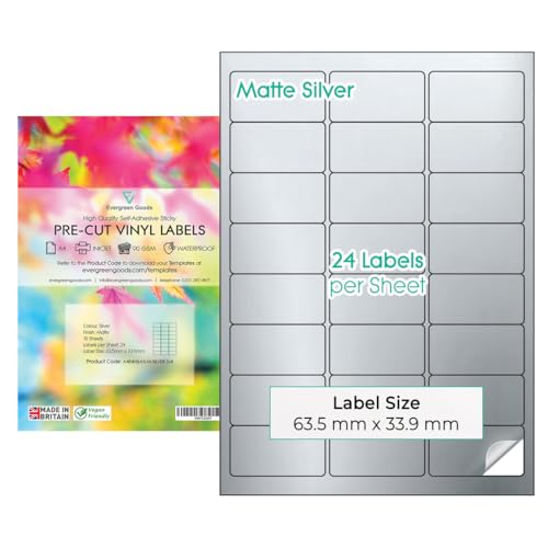 Evergreen Goods Wasserdichte A4 Multi-Aufkleber-Etiketten, vorgeschnitten | mattsilber, 3 x 8 (24 pro Blatt), 240 Etiketten, 10 Blatt von EVG