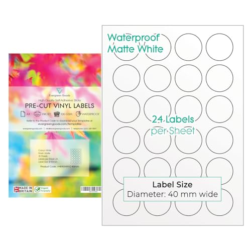 Evergreen Goods runde, vorgeschnittene Aufkleber, wasserfest, 40mm Ø (24 Etiketten pro Blatt, insgesamt 240) 10 Blatt | Tintenstrahl-Laserdrucker, selbstklebend, Vinyl von Evergreen Goods Ltd