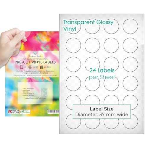 Evergreen Goods vorgeschnittene runde Aufkleber-Etiketten | Glänzend Transparent | 37 mm (24/Stück), 10 Blatt, 240 insgesamt | Bedruckbar, Selbstklebend, Kreisförmig, Vinyl von EVG