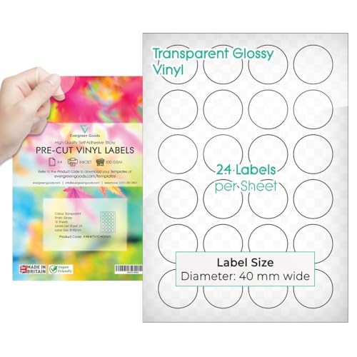Evergreen Goods vorgeschnittene runde Aufkleber-Etiketten | Glänzend Transparent | 40 mm (24/Stück), 10 Blatt, 240 insgesamt | Bedruckbar, Selbstklebend, Kreisförmig, Vinyl von EVG