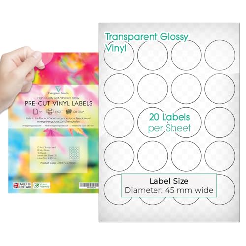 Evergreen Goods vorgeschnittene runde Aufkleber-Etiketten | Glänzend Transparent | 45 mm (20/Stück), 10 Blatt, 200 insgesamt | Bedruckbar | Selbstklebend | Kreisförmig | Vinyl von EVG