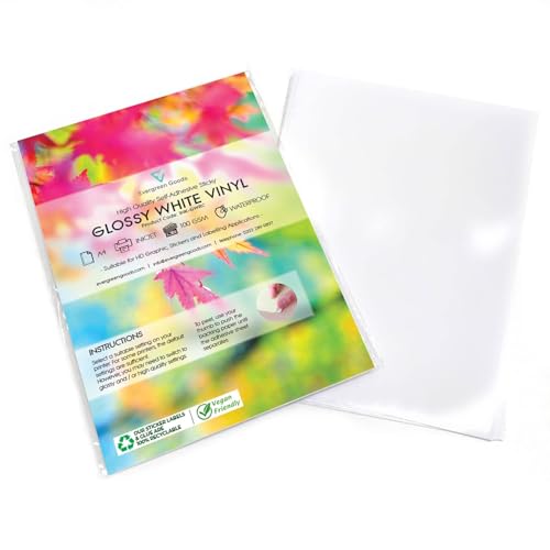 Evergreen Goods A4 50 Blatt 100 Gsm Wasserfest | Selbstklebende Glänzende Weiße Vinylpapierblätter | Hd-Grafikaufkleber | Geeignet Für Tintenstrahldrucker | Ideal Für Zuhause, Das Büro Usw von EVG
