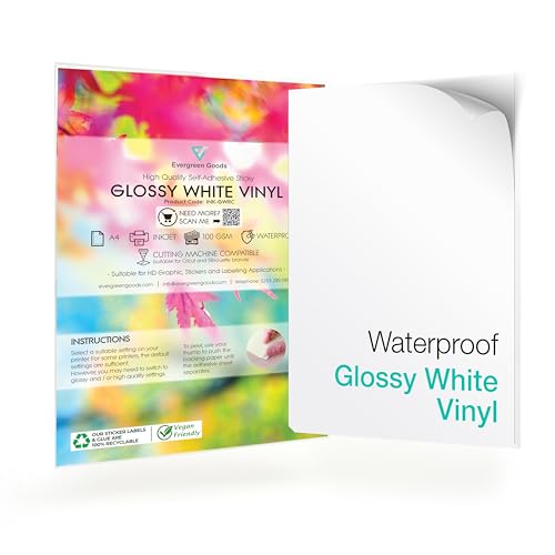 Evergreen Goods 20 Weiße A4-Bögen 100 GSM | Wasserfester Glänzender Vinyl-Aufkleber Für Tintenstrahl- Und Laserdrucker | Hervorragende Tintenaufnahme | Selbstklebender Aufkleber Für Kinder Büro Usw von EVG