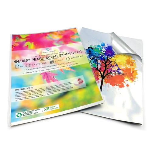 Evergreen Goods 50 Blatt A4 Wasserfest | Selbstklebendes Glänzendes Vinyl in Perlglanzsilber | Tintenstrahl- Und Laserdrucker | Ideal Für Beschriftungen Und Bastelprojekte Zu Hause Im Büro Usw Evergreen Goods 50 Blatt A4 Wasserfest | Selbstklebendes Glänzendes Vinyl in Perlglanzsilber | Tintenstrahl- Und Laserdrucker | Ideal Für Beschriftungen Und Bastelprojekte Zu Hause Im Büro Usw von EVG