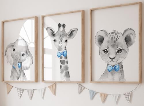 Eviepops Prints Set aus 3 Safaritieren für Kinderzimmer von Jungen, Ungerahmter Druck, Schlafzimmerdekor, Kinder Wandkunst, Dekor im Babyzimmer, Spielzimmer-Poster, elefant giraffe löwe (A3) von Eviepops Prints