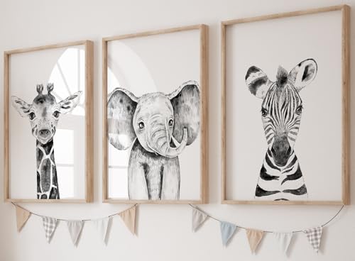 Eviepops Prints Set aus 3 Safaritieren für Kinderzimmer von Jungen und Mädchen, Ungerahmter Druck, Kinder Wandkunst, Dekor im Babyzimmer, Spielzimmer-Poster, elefant giraffe zebra (A4) von Eviepops Prints