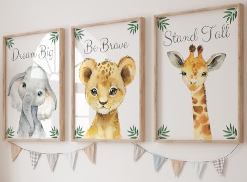 Eviepops Prints Set aus 3 Safaritieren für Kinderzimmer von Jungen und Mädchen, Ungerahmter Druck, Schlafzimmerdekor, Dschungeldekoration, Dekor im Babyzimmer, elefant giraffe löwe, Dream Big (A4) von Eviepops Prints