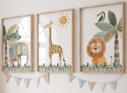 Eviepops Prints Set aus 3 Safaritieren für Kinderzimmer von Jungen und Mädchen, Ungerahmter Druck, Schlafzimmerdekor, Dschungeldekoration, elefant giraffe löwe, Dekor im Babyzimmer (A4) von Eviepops Prints