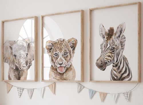 Eviepops Prints Set aus 3 Safaritieren für Kinderzimmer von Jungen und Mädchen, Ungerahmter Druck, Schlafzimmerdekor, Kinder Wandkunst, Dekor im Babyzimmer, Spielzimmer-Poster, elefant zebra löwe (A3) von Eviepops Prints