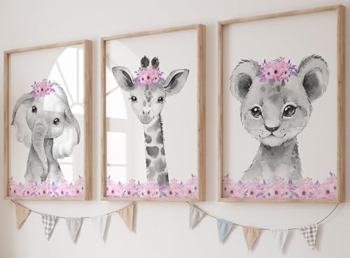 Eviepops Prints Set aus 3 Safaritieren für Kinderzimmer von Mädchen, Ungerahmter Druck, Blumen Schlafzimmerdekor, Rosa Grau, Kinder Wandkunst, Dekor im Babyzimmer, elefant giraffe löwe (A4) von Eviepops Prints