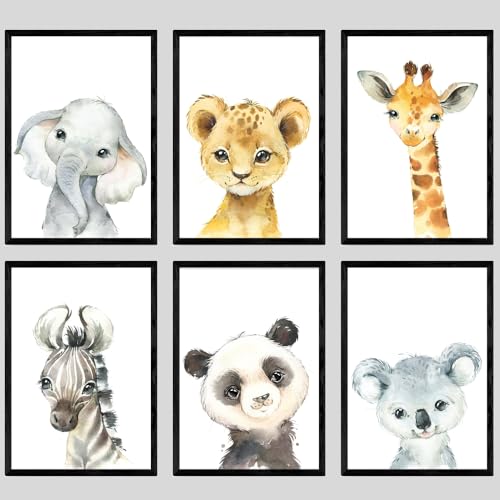 Eviepops Prints Set aus 6 Safaritieren für Kinderzimmer von Jungen und Mädchen, Ungerahmter Druck, Schlafzimmerdekor, Kinder Wandkunst, Dekor im Babyzimmer, elefant giraffe löwe zebra panda koala (A4) von Eviepops Prints