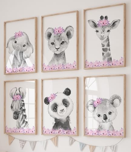 Eviepops Prints Set aus 6 Safaritieren für Kinderzimmer von Mädchen, Ungerahmter Druck, Blumen Schlafzimmerdekor, Kinder Wandkunst, Dekor im Babyzimmer, elefant giraffe löwe zebra panda koala (A4) von Eviepops Prints