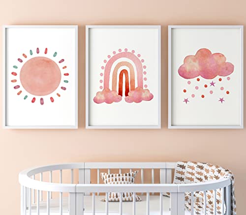 Eviepops Prints Sonnenschein Regenbogen Regenwolke Set aus 3 Ungerahmter Druck, Kunst im Boho-Stil, Kinderzimmer-Wandkunst, Dekor im Babyzimmer, Rosa, Mädchen Schlafzimmer Dekor (A3) von Eviepops Prints