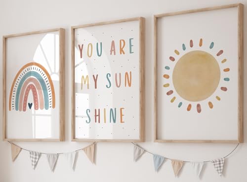 Eviepops Prints You Are My Sunshine Set aus 3 Dekor im Regenbogenstil, Ungerahmter Druck, Kinderzimmer-Wandkunst, Kinderreim-Songtexte, Dekor im Babyzimmer, Spielzimmer-Poster, Sonnenschein (A4) von Eviepops Prints