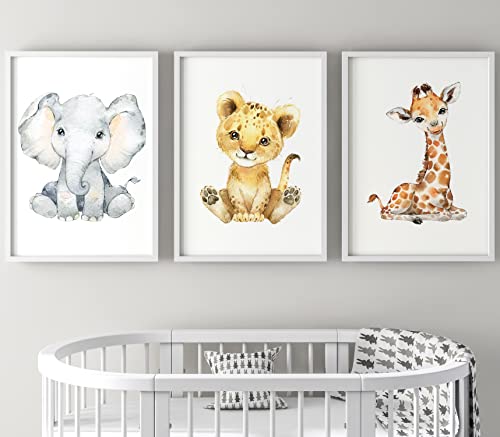 Set aus 3 Safaritieren für Kinderzimmer von Jungen und Mädchen, Ungerahmter Druck, Schlafzimmerdekor, Kinder Wandkunst, Dekor im Babyzimmer, Spielzimmer-Poster, giraffe elefant löwe (A3) von Eviepops Prints