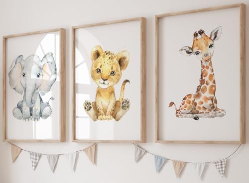 Set aus 3 Safaritieren für Kinderzimmer von Jungen und Mädchen, Ungerahmter Druck, Schlafzimmerdekor, Kinder Wandkunst, Dekor im Babyzimmer, Spielzimmer-Poster, giraffe elefant löwe (A4) von Eviepops Prints