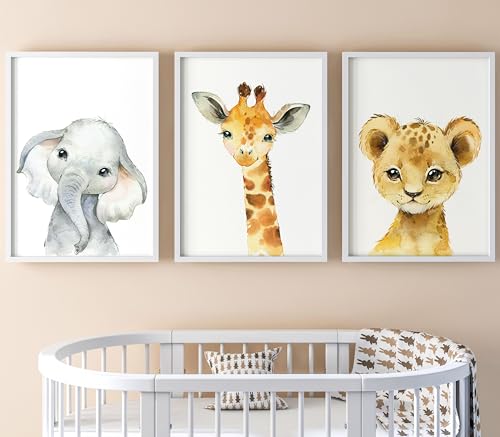Set aus 3 Safaritieren für Kinderzimmer von Jungen und Mädchen, Ungerahmter Druck, Schlafzimmerdekor, Kinder Wandkunst, Dekor im Babyzimmer, Spielzimmer-Poster, elefant giraffe löwe (A4) von Eviepops Prints