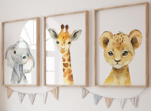 Set aus 3 Safaritieren für Kinderzimmer von Jungen und Mädchen, Ungerahmter Druck, Schlafzimmerdekor, Kinder Wandkunst, Dekor im Babyzimmer, Spielzimmer-Poster, elefant giraffe löwe (A4) von Eviepops Prints