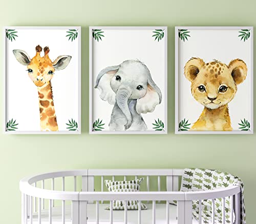Set aus 3 Safaritieren für Kinderzimmer von Jungen und Mädchen, Ungerahmter Druck, Schlafzimmerdekor, Dschungeldekoration, Dekor im Babyzimmer, Spielzimmer-Poster, elefant giraffe löwe (A3) von Eviepops Prints