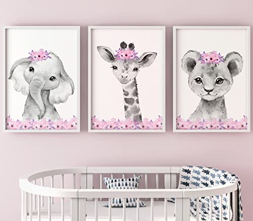 Set aus 3 Safaritieren für Kinderzimmer von Mädchen, Ungerahmter Druck, Blumen Schlafzimmerdekor, Rosa Grau, Kinder Wandkunst, Dekor im Babyzimmer, Spielzimmer-Poster, elefant giraffe löwe (A3) von Eviepops Prints