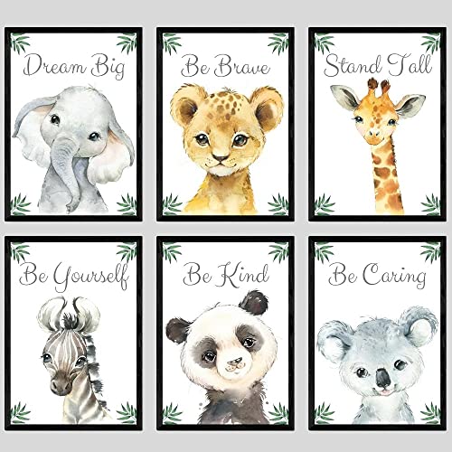 Set aus 6 Safaritieren für Kinderzimmer von Jungen und Mädchen, Ungerahmter Druck, Schlafzimmerdekor, Dschungeldekoration, elefant giraffe löwe zebra panda koala, Dream Big Stand Tall Be Brave (A4) von Eviepops Prints