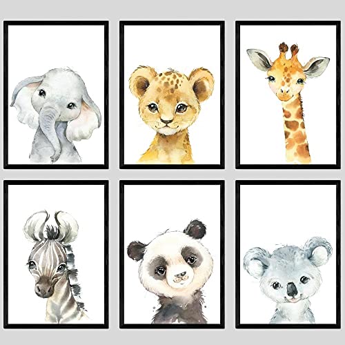 Set aus 6 Safaritieren für Kinderzimmer von Jungen und Mädchen, Ungerahmter Druck, Schlafzimmerdekor, Kinder Wandkunst, Dekor im Babyzimmer, elefant giraffe löwe zebra panda koala (A4) von Eviepops Prints