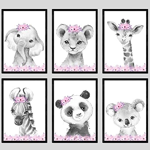 Set aus 6 Safaritieren für Kinderzimmer von Mädchen, Ungerahmter Druck, Blumen Schlafzimmerdekor, Rosa Grau, Kinder Wandkunst, Dekor im Babyzimmer, elefant giraffe löwe zebra panda koala (A4) von Eviepops Prints