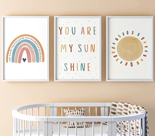 You Are My Sunshine Set aus 3 Dekor im Regenbogenstil, Ungerahmter Druck, Kinderzimmer-Wandkunst, Kinderreim-Songtexte, Kunst im Boho-Stil, Dekor im Babyzimmer, Spielzimmer-Poster, Sonnenschein (A4) von Eviepops Prints