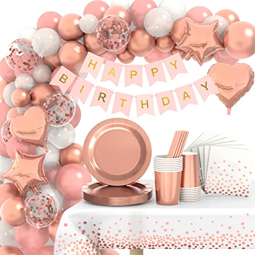 Eviznbou Rosegold Partygeschirr Set, Geburtstag Party Geschirr, Pappteller Kindergeburtstag Set für Geburtstagsdeko Mädchen Partys, Geburtstags, Hochzeit, Jubiläen, Babyparty 16 Gäste von Eviznbou