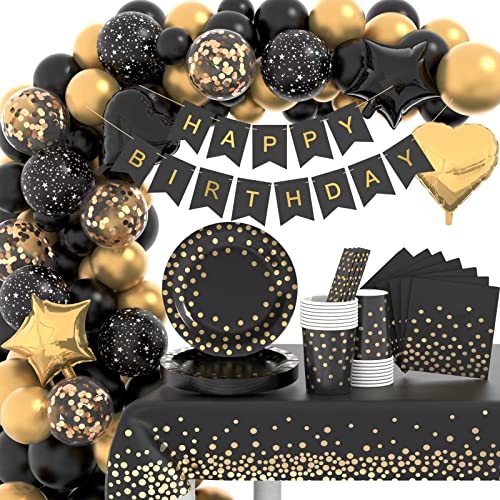 Partygeschirr Set, Schwarz Gold Geburtstag Party Geschirr, Pappteller Kindergeburtstag mit Luftballons Tischdecken Tassen Strohhalme Servietten für Geburtstags deko Mädchen Junge Partys 16 Gäste Partygeschirr Set, Schwarz Gold Geburtstag Party Geschirr, Pappteller Kindergeburtstag mit Luftballons Tischdecken Tassen Strohhalme Servietten für Geburtstags deko Mädchen Junge Partys 16 Gäste von Eviznbou